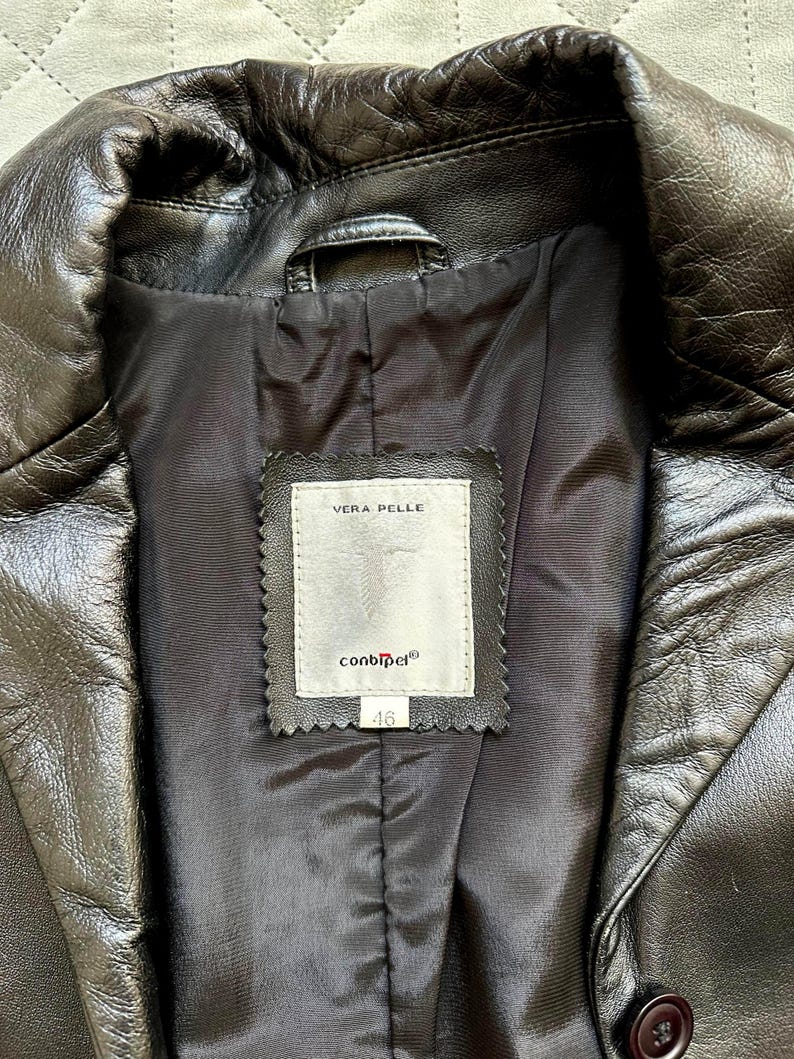 Vintage 90er Jahre Leder Blazer Jacke Schwarz, Echtleder Anzugjacke, Conbipel Italienischer Ledermantel Unisex, Y2K Minimalist Leder Trench M Bild 12