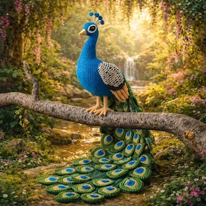 May include: A handcrafted blue crochet peacock with a detailed tail, perched on a tree branch. The peacock features a blue body, a white and black wing pattern, and a green, yellow, and blue tail. The background shows a lush forest with a waterfall.