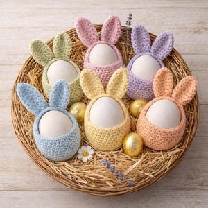 May include: A wicker basket displays six pastel-coloured crocheted egg cosies, each designed as a bunny with upright ears. White eggs are nestled within the cosies, surrounded by straw and gold-painted eggs. Lavender and a small white flower are included.