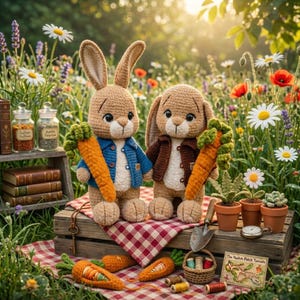 May include: Two crocheted bunny dolls, each holding a large carrot, stand on a wooden crate with a red and white checkered cloth. One bunny wears a blue jacket, the other a brown jacket. The scene is set in a garden with flowers.