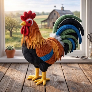May include: A handcrafted crochet rooster with a vibrant color palette. The rooster features a red comb and wattle, a yellow beak and feet, and a multi-colored tail. The body is primarily orange, black, and blue. The rooster is displayed on a wooden surface.