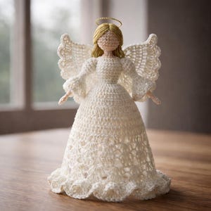 May include: A handcrafted, off-white crochet angel figurine with a golden halo. The angel has blonde hair and delicate, lacy wings. The dress flares out at the bottom, creating a full skirt. The angel is a decorative item.