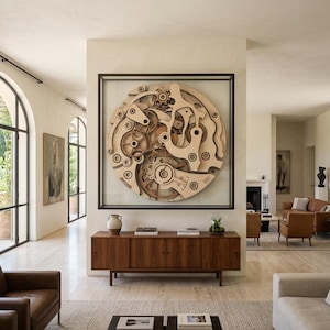 May include: A large, circular wooden art piece resembling clock gears is framed and mounted on a wall. The artwork is the focal point of a modern living room with large windows, leather furniture, and a wooden cabinet.