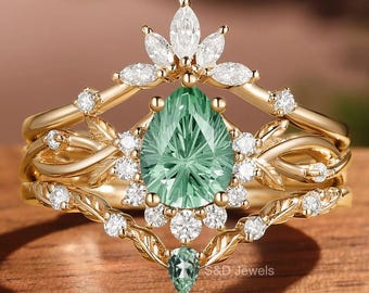 Green Sapphire Pear Engagement Ring, Moissanite Halo, Vintage Leaf Gold Bridal Ring