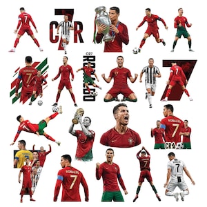 May include: A collection of Cristiano Ronaldo stickers featuring various poses in Portugal national team red kits and club jerseys. The images include Ronaldo celebrating, kicking a soccer ball, and holding trophies, with text elements like CR7.