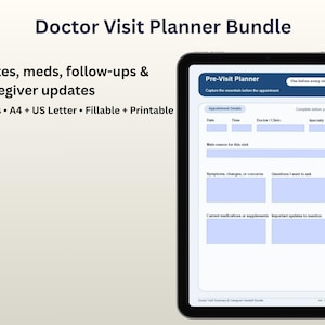 Könnte beinhalten: Ein digitales Doctor Visit Planner Bundle auf einem Tablet. Der Bildschirm zeigt einen Pre-Visit-Planer mit Abschnitten für Termindetails, Symptome und Fragen. Der Text enthält "Notes, meds, follow-ups & caregiver updates."