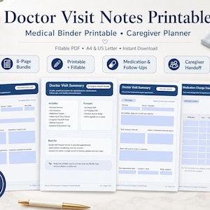 May include: A printable medical binder with the title "Doctor Visit Notes Printable." The binder includes a pre-visit planner, doctor visit summary, and medication change tracker. The design is in shades of blue and white, with icons and text for easy organization.