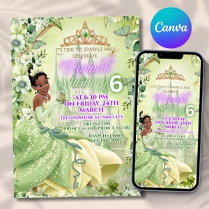 Puede incluir: Una invitación de cumpleaños con temática de princesa. La invitación incluye el texto "Hannah cumple 6 años" con detalles del evento. El diseño incorpora una ilustración de princesa, elementos florales y un fondo de castillo.