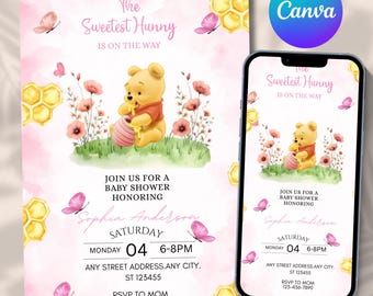 Invito per baby shower di Winnie the Pooh, invito per il piccolo tesoro in arrivo, tema classico dell'orsetto Winnie the Pooh con le api, invito modificabile per baby shower