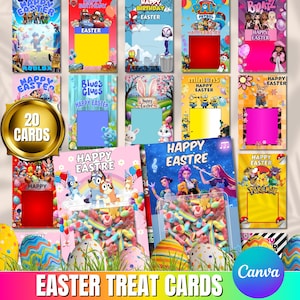 May include: A collection of colorful Easter treat cards featuring popular characters like Paw Patrol, Bratz, and Pokemon. Each card has a blank space for a photo. The cards are displayed with Easter eggs and the text "Easter Treat Cards".