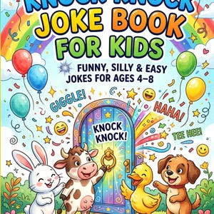 Op de afbeelding: Een kleurrijke kinderboekcover met de titel "KNOCK KNOCK JOKE BOOK FOR KIDS". De cover toont een regenboog, ballonnen en cartoon dieren bij een deur. Tekst bevat "FUNNY, SILLY & EASY JOKES FOR AGES 4-8".