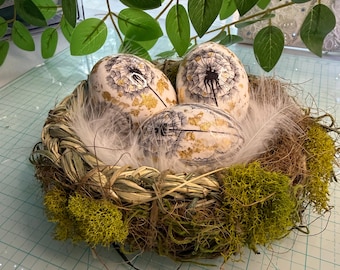Decoupage Dandelion Wooden Easter Eggs, Gold Leaf Botanical Ornament, Spring Decor