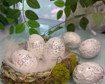 Custom Name Lace Egg Ornament, Mother-of-Pearl Finish, Keepsake Spring Decor