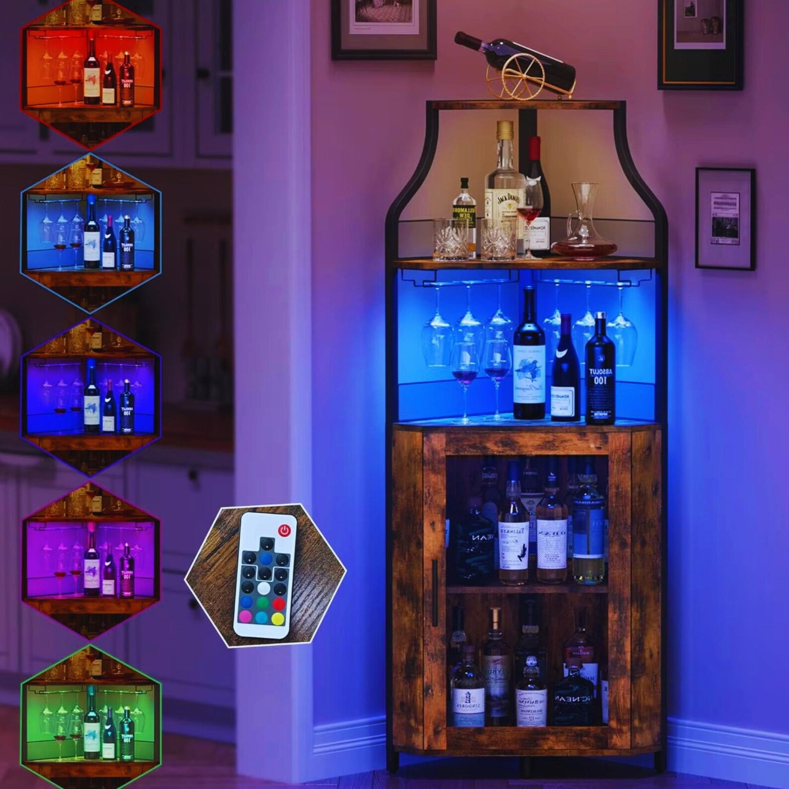 Industrial Corner Wine Bar Cabinet With LED Lighting, Rustic Wood Metal ...