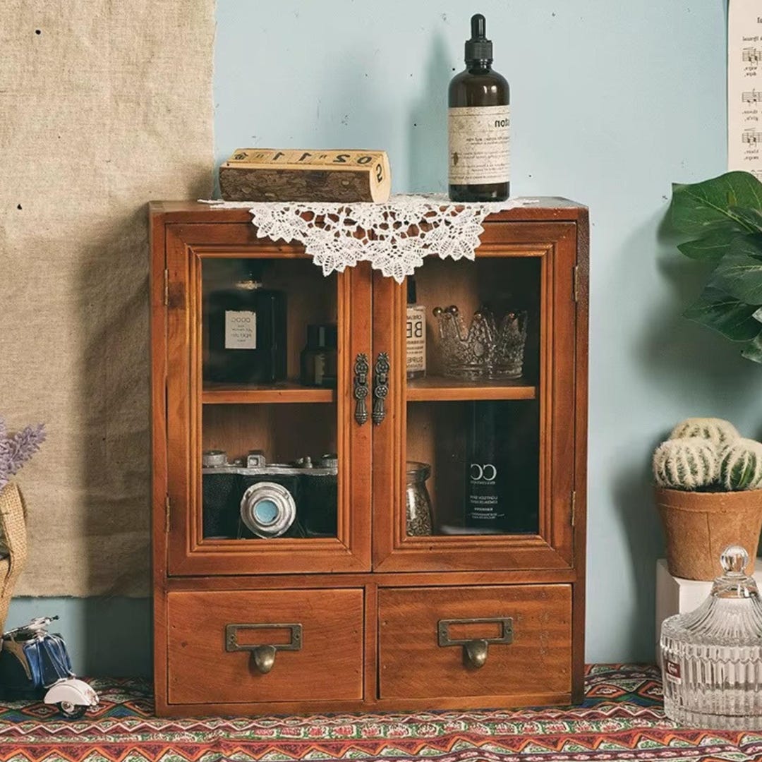 Vintage Wooden Display Cabinet With Glass Doors and Drawers Desktop ...