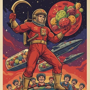 May include: A vintage-style poster featuring a cosmonaut in a red spacesuit holding a sickle and fruit, with the text "Cosmic Harvest!" and "The plan is fulfilled! We feed the whole world!" in Russian. The background shows a red planet, rockets, and a group of people.