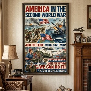 Plakat: Schließ dich dem Kampf an! Amerika im Zweiten Weltkrieg: Jede Anstrengung zählt. Kauf Kriegsanleihen, unterstütze unsere Truppen. Gemeinsam siegen wir.