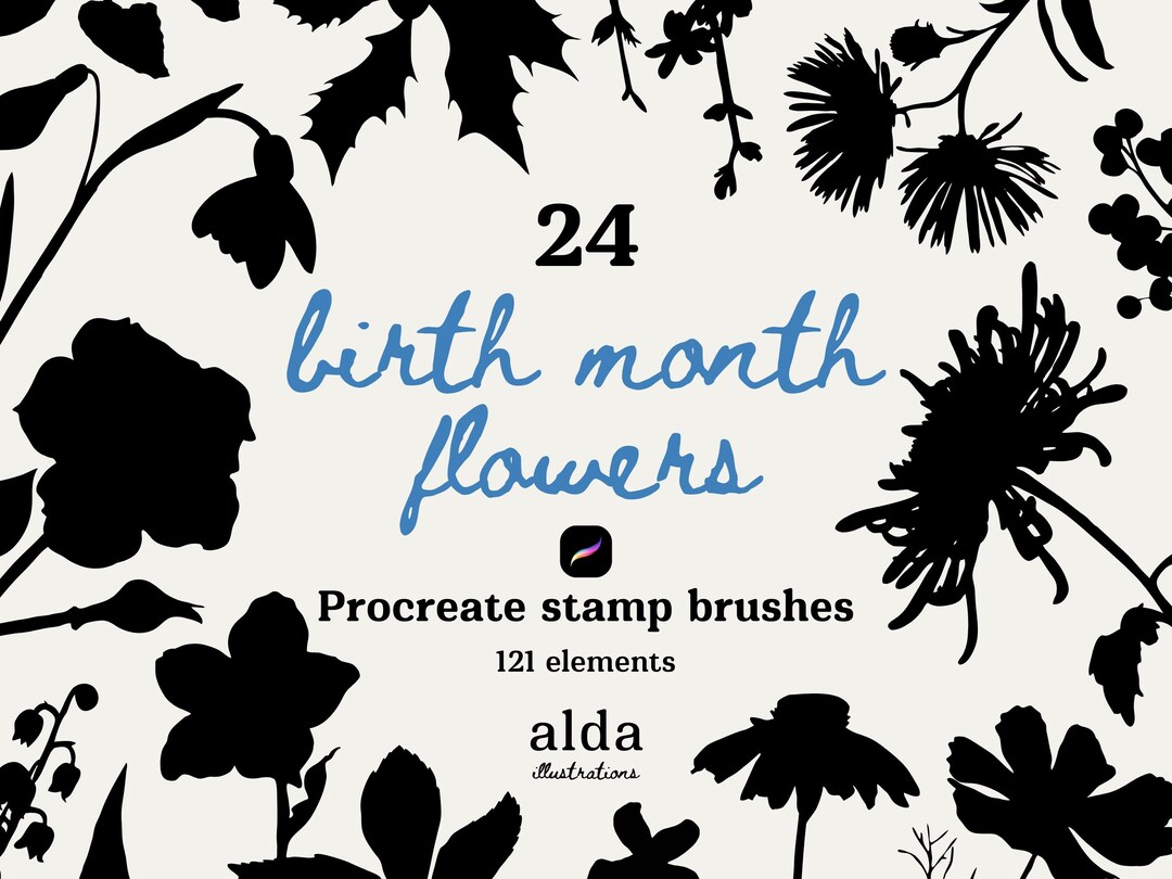 Birth Month Flowers Procreate Stamp Brushes | 24 Flowers · 121 Elements ...