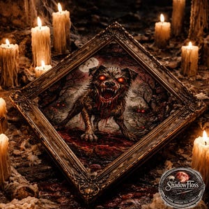 Può includere: Un'opera d'arte incorniciata raffigurante un cane ringhioso con occhi rossi in una scena di foresta oscura, circondata da candele accese. L'opera d'arte ha una cornice decorativa. Il logo Shadow Floss è visibile, esaltando il tema spettrale.