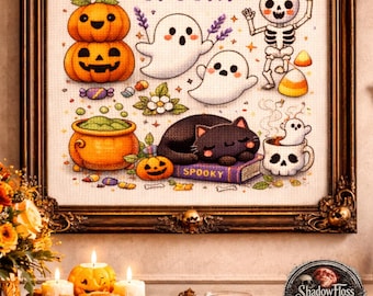 Funny Spooky Halloween Cross Stitch Pattern – Ghost Pumpkin Cat Art (PDF Download)