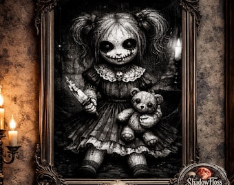 Creepy Doll Cross Stitch Pattern | Gothic Horror Doll Embroidery Design (PDF Download)