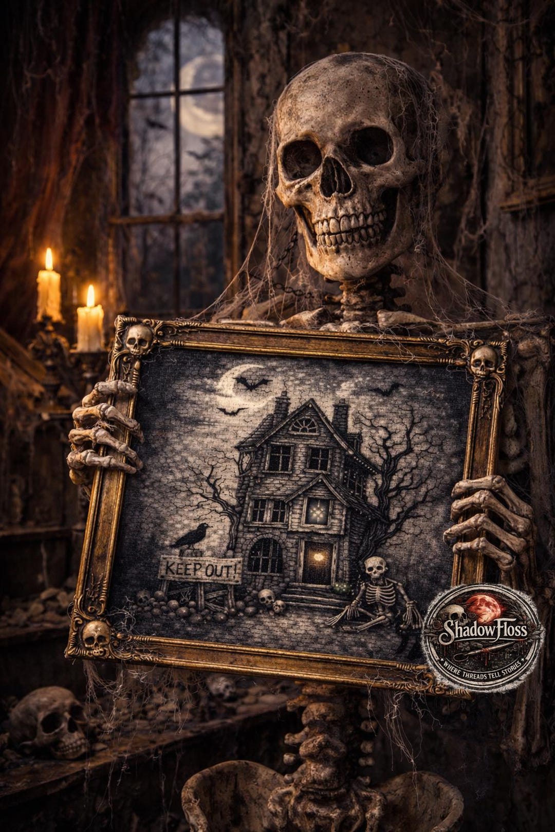Haunted House Cross Stitch Pattern – Gothic Halloween Mansion, Skeleton ...