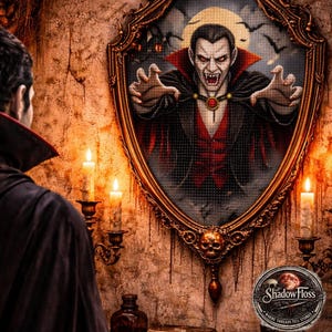 May include: A gothic-themed artwork featuring a vampire in a gilded mirror. The mirror is adorned with skull details and hangs on a textured wall. Lit candles and antique bottles add to the eerie ambiance. The artwork is from Shadow Floss.