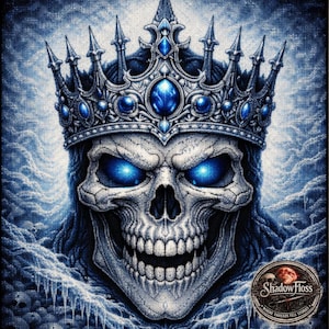 May include: A framed wall art piece featuring a detailed illustration of a skull wearing an ornate crown with blue gemstones. The skull has glowing blue eyes and is set against a textured blue and white background with icy elements. The text ShadowFloss Where Threads Tell Stories is visible in the bottom right corner.