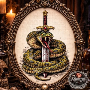 May include: An oval framed artwork depicting a coiled snake impaled by a sword. The snake is yellow and green with an open mouth and red tongue. The sword has a red gem and is bloodstained. The frame is gold with skull details.