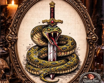 Snake Sword Cross Stitch Pattern | Gothic Serpent Tattoo Embroidery Design (PDF)