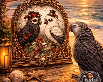 Gothic Parrot Cross Stitch Pattern, Skull Moon Birds Embroidery PDF (Instant Download)