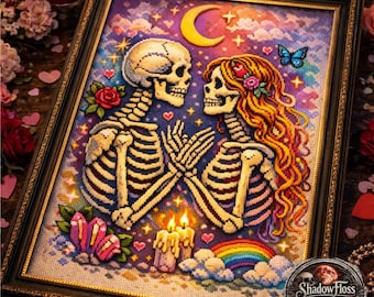 Skeleton Couple Cross Stitch Pattern 133x200 – Gothic Love Rainbow Design – Romantic Halloween Digital PDF