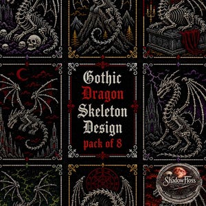 May include: A pack of 8 Gothic Dragon Skeleton Design images. Each image features a detailed dragon skeleton in a gothic setting, with elements like castles, moons, and lightning. The images are framed with decorative borders and the text "Gothic Dragon Skeleton Design" is displayed.