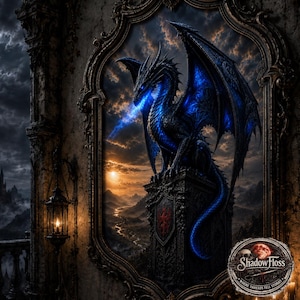 May include: A decorative wall art piece featuring a dark, ornate mirror frame enclosing a scene of a blue glowing dragon perched on a stone pedestal. The dragon breathes blue fire against a sunset landscape. A circular logo reads ShadowFloss.