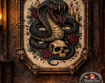 Snake Skull Cross Stitch Pattern | Gothic Serpent Embroidery, Dark Roses (PDF Download)