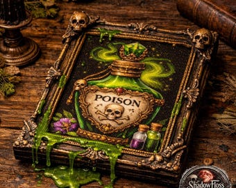 Vintage Poison Bottle Cross Stitch Pattern – Gothic Alchemy Skull Design – Green Potion Fantasy Art – DMC Color Chart – Digital Download