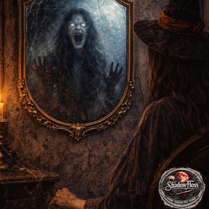 Peut inclure: Une image effrayante montre une figure déformée dans un miroir, avec des yeux brillants et une bouche ouverte. Le miroir doré orné est placé contre un mur sombre et texturé. Une personne portant un chapeau de sorcière est assise devant le miroir. Le logo Shadow Floss est visible.