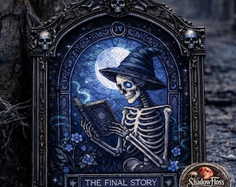 Skeleton Witch Cross Stitch Pattern | Gothic Moonlit Halloween Embroidery (PDF Download)