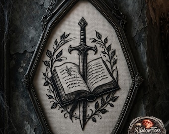 Gothic Sword Book Cross Stitch Pattern | Dark Academia Embroidery Design (PDF Download)