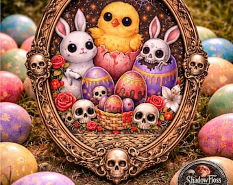 Gothic Easter Cross Stitch Pattern, Spooky Bunny Chick Skull Eggs, Dark Embroidery PDF