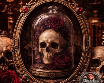 Schema per punto croce con teschio gotico, cupola con rose floreali scure, decorazione vittoriana (download PDF)