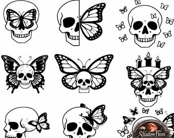 Schemi per punto croce con teschio gotico e farfalla / 9 PDF di ricamo dark