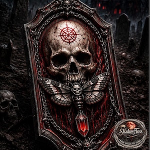 May include: A detailed gothic illustration depicting a skull with a red symbol, a moth, and a red crystal pendant. The scene is set in a graveyard with a castle in the background. The image has a dark and foreboding atmosphere, with a full moon.