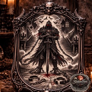 May include: A framed cross-stitch depicting a knight in dark armor, holding a sword, with chains and blood details. The artwork is set against a gothic backdrop with a skull at the top and the "Shadow Floss" logo.