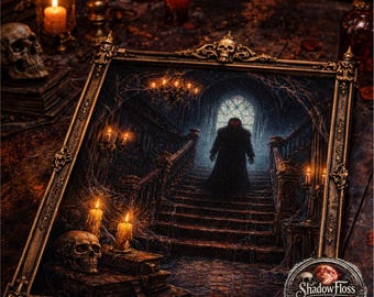 Haunted Mansion Cross Stitch Pattern | Gothic Horror Staircase Embroidery Design (PDF Download)