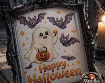 Happy Halloween Ghost Cross Stitch Pattern | Kawaii Bats Pumpkin Needlepoint (PDF Download)
