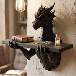 Étagère Dragon Murale Gothique – Support Livre Fantaisie Noir – Décoration Médiévale & Fantasy – Étagère Sculpture Dragon 3D