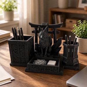 Könnte beinhalten: Ein schwarzer Schreibtisch-Organizer mit einer zentralen Fuchsfigur vor einem Torii-Tor. Das Set besteht aus einem quadratischen Stiftehalter mit Drachenrelief, einem sechseckigen Stiftebecher und einer flachen Ablage mit silbernen Büroklammern.
