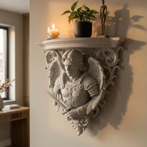 May include: A light gray wall-mounted shelf featuring a sculpted relief of an armored figure with wings holding a sword. The shelf surface holds a small potted green plant, a lit candle in a glass holder, and a slender gold-toned abstract figurine.
