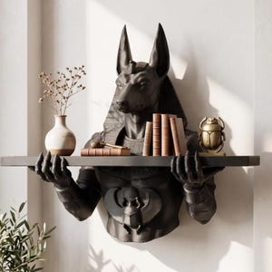 Anubis wandplank, Egyptische wanddecoratie - Gotische fantasie - Gotische en mystieke decoratie, origineel cadeau, planksculptuur